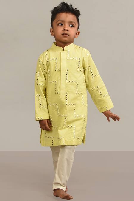 Lil Angels_Yellow Cotton, Rayon, Maheshwari Mirrors Embellished Kurta  _Online_at_Aza_Fashions