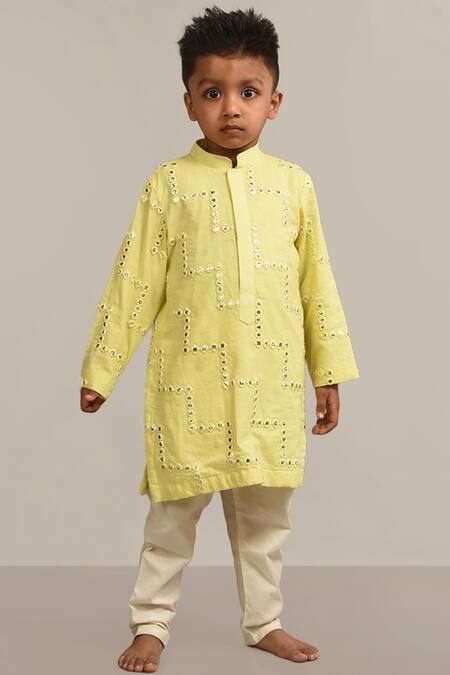 Buy_Lil Angels_Yellow Cotton, Rayon, Maheshwari Mirrors Embellished Kurta  _Online_at_Aza_Fashions