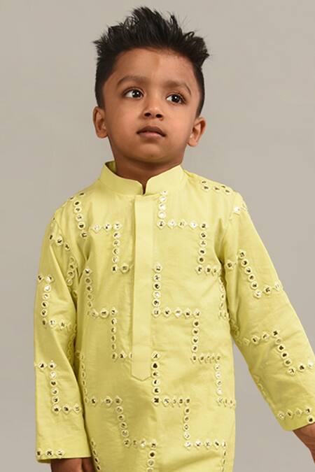 Shop_Lil Angels_Yellow Cotton, Rayon, Maheshwari Mirrors Embellished Kurta  _Online_at_Aza_Fashions