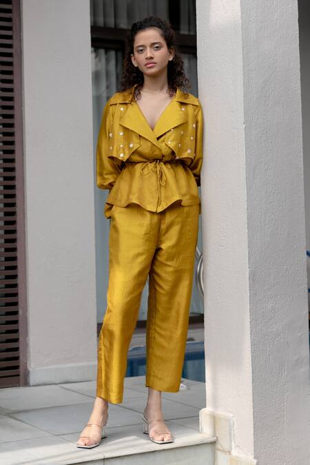 Kavya Singh Kundu Yellow Silk Beads Collared Raa Mulberry Jacket Top With Pant at Aza Fashions Kavya Singh Kundu_Yellow Silk Beads Collared Raa Mulberry Jacket Top With Pant _at_Aza_Fashions