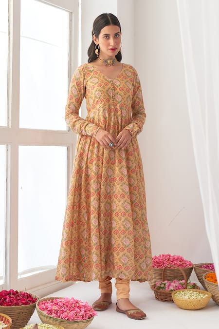 Buy_Negra Elegante_Yellow Organza, Cotton Silk Digital Print, Mirror Work V Neck Peony Anarkali Set_Online_at_Aza_Fashions