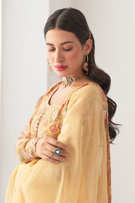 Shop_Negra Elegante_Yellow Organza, Cotton Silk Digital Print, Mirror Work V Neck Peony Anarkali Set_Online_at_Aza_Fashions