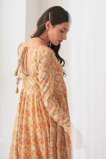 Negra Elegante_Yellow Organza, Cotton Silk Digital Print, Mirror Work V Neck Peony Anarkali Set_at_Aza_Fashions