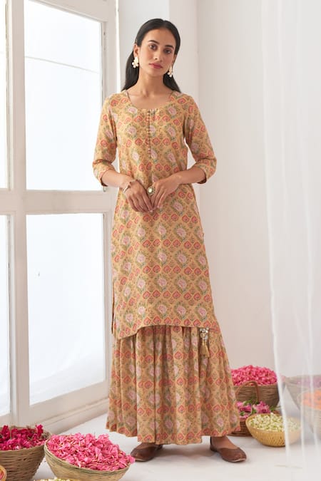 Buy_Negra Elegante_Yellow Organza, Cotton Silk Digital Print, Mirror Work Peony Kurta Sharara Set_Online_at_Aza_Fashions