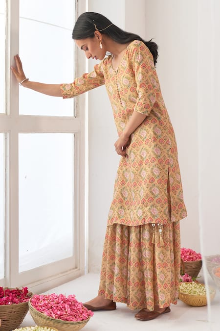 Shop_Negra Elegante_Yellow Organza, Cotton Silk Digital Print, Mirror Work Peony Kurta Sharara Set_Online_at_Aza_Fashions