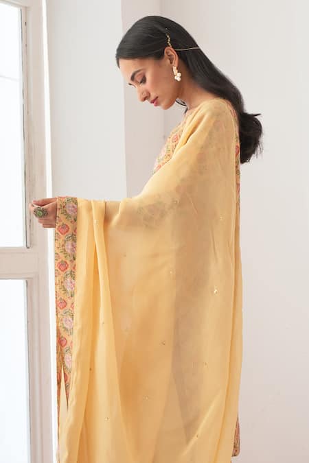 Negra Elegante_Yellow Organza, Cotton Silk Digital Print, Mirror Work Peony Kurta Sharara Set_at_Aza_Fashions
