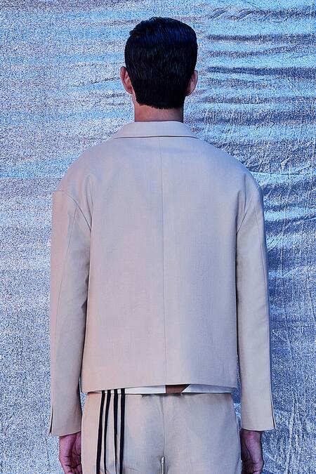 Shop_Line out line_Cream Cotton Plain Double Breasted Crop Blazer_Online_at_Aza_Fashions