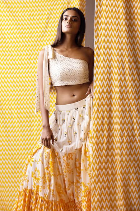 Yogita Kadam_White Cotton Asymmetric One Shoulder Crop Top And Skirt Set_Online_at_Aza_Fashions