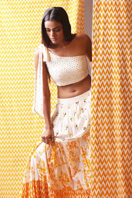 Buy_Yogita Kadam_White Cotton Asymmetric One Shoulder Crop Top And Skirt Set_Online_at_Aza_Fashions