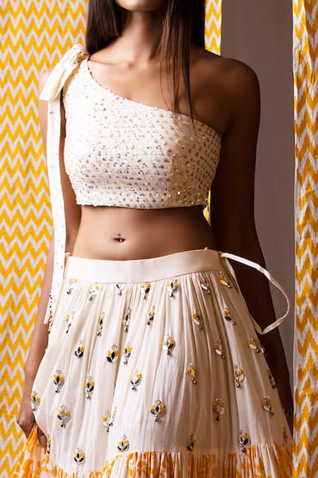 Shop_Yogita Kadam_White Cotton Asymmetric One Shoulder Crop Top And Skirt Set_Online_at_Aza_Fashions