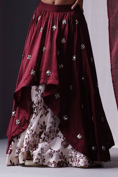 Buy_Yogita Kadam_White Pure Chanderi Silk Floral Layer Cotton V Neck Crop Top And Skirt Set_Online_at_Aza_Fashions