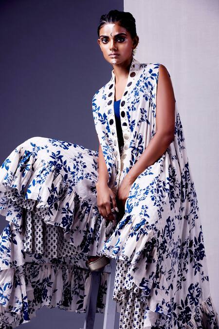 Buy_Yogita Kadam_Blue Jacket And Pant Cotton Crop Top Chanderi Silk V Printed & Sharara Set_Online_at_Aza_Fashions