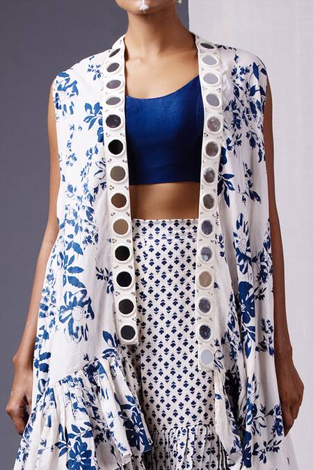 Shop_Yogita Kadam_Blue Jacket And Pant Cotton Crop Top Chanderi Silk V Printed & Sharara Set_Online_at_Aza_Fashions
