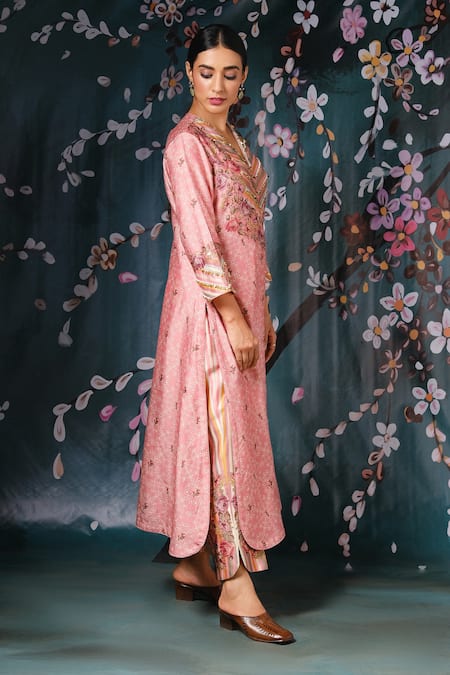 Label Niti Bothra_Pink Chiffon, Chanderi Silk Floral, Lace Work, Tikki Print Kurta And Palazzo Set _Online_at_Aza_Fashions