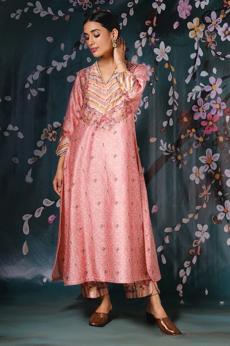 Buy_Label Niti Bothra_Pink Chiffon, Chanderi Silk Floral, Lace Work, Tikki Print Kurta And Palazzo Set _Online_at_Aza_Fashions