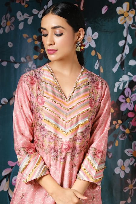 Shop_Label Niti Bothra_Pink Chiffon, Chanderi Silk Floral, Lace Work, Tikki Print Kurta And Palazzo Set _Online_at_Aza_Fashions