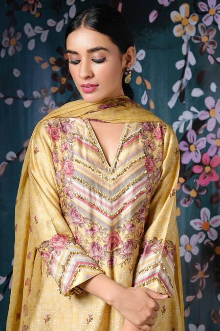 Label Niti Bothra_Yellow Chiffon, Chanderi Silk Floral, Lace Work, Tikki Print Kurta Palazzo Set _Online_at_Aza_Fashions