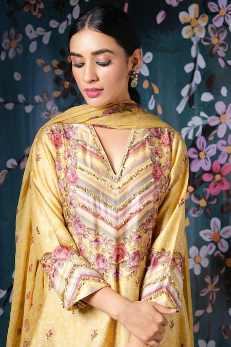 Buy_Label Niti Bothra_Yellow Chiffon, Chanderi Silk Floral, Lace Work, Tikki Print Kurta Palazzo Set _Online_at_Aza_Fashions