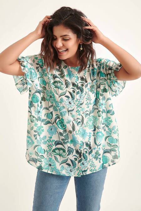 Pankaj & Nidhi_Green Cotton Silk Floral Round Yolanthe Top _Online_at_Aza_Fashions