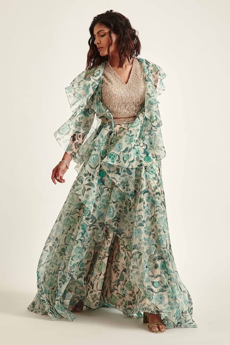 Pankaj & Nidhi Green Organza Print And Embellishment Floral Yolanthe Cape Sharara Set 