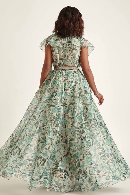 Shop_Pankaj & Nidhi_Green Organza Print And Embellishment Floral Yolanthe Cape Sharara Set _at_Aza_Fashions