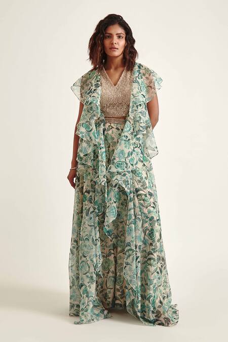 Pankaj & Nidhi_Green Organza Print And Embellishment Floral Yolanthe Cape Sharara Set _Online_at_Aza_Fashions