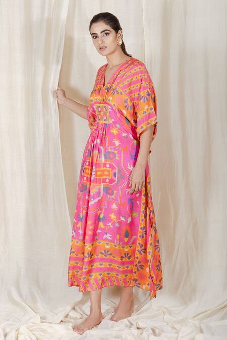 The Boozy Button_Multi Color Moroccan Silk Digital Print V Neck You Found Me Kaftan_Online_at_Aza_Fashions