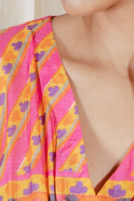 Shop_The Boozy Button_Multi Color Moroccan Silk Digital Print V Neck You Found Me Kaftan_Online_at_Aza_Fashions