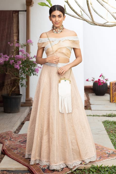 Buy Peach Organza Embroidered Floral Off Shoulder Blouse And Lehenga Set  For Women by Naintara Bajaj Online at Aza Fashions.