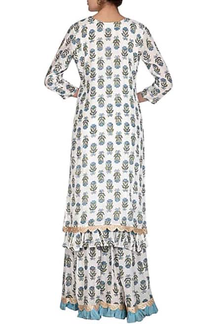 Shop Yuvraani Jaipur White Muslin, Shantoon V Neck Block Print Kurta Sharara Set at Aza Fashions Shop_Yuvraani Jaipur_White Muslin, Shantoon V Neck Block Print Kurta Sharara Set _at_Aza_Fashions