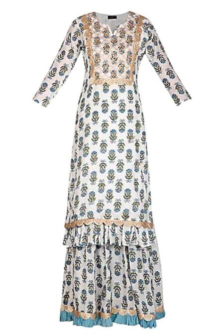 Yuvraani Jaipur White Muslin, Shantoon V Neck Block Print Kurta Sharara Set Online at Aza Fashions Yuvraani Jaipur_White Muslin, Shantoon V Neck Block Print Kurta Sharara Set _Online_at_Aza_Fashions