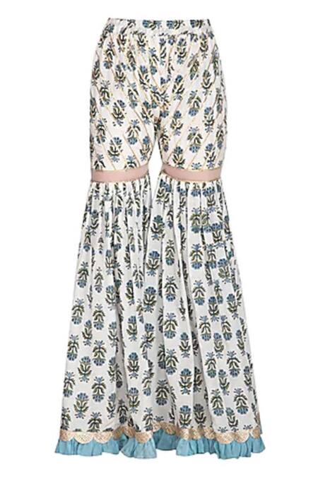 Buy Yuvraani Jaipur White Muslin, Shantoon V Neck Block Print Kurta Sharara Set Online at Aza Fashions Buy_Yuvraani Jaipur_White Muslin, Shantoon V Neck Block Print Kurta Sharara Set _Online_at_Aza_Fashions