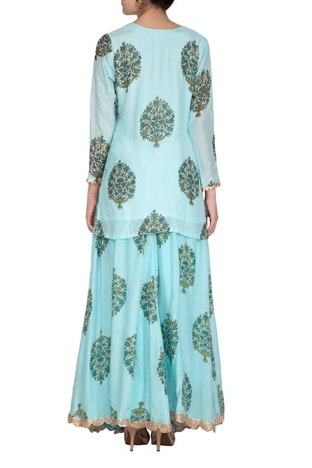 Shop_YUVRAANI JAIPUR_Blue Muslin, Shantoon V Neck Block Print Kurta And Skirt Set _at_Aza_Fashions