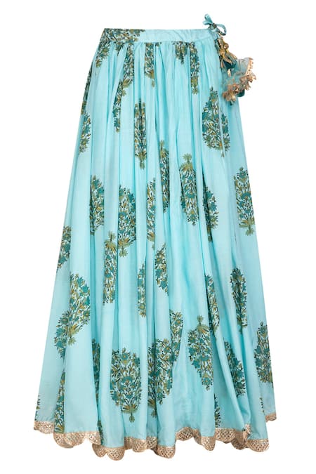 Buy_YUVRAANI JAIPUR_Blue Muslin, Shantoon V Neck Block Print Kurta And Skirt Set _Online_at_Aza_Fashions