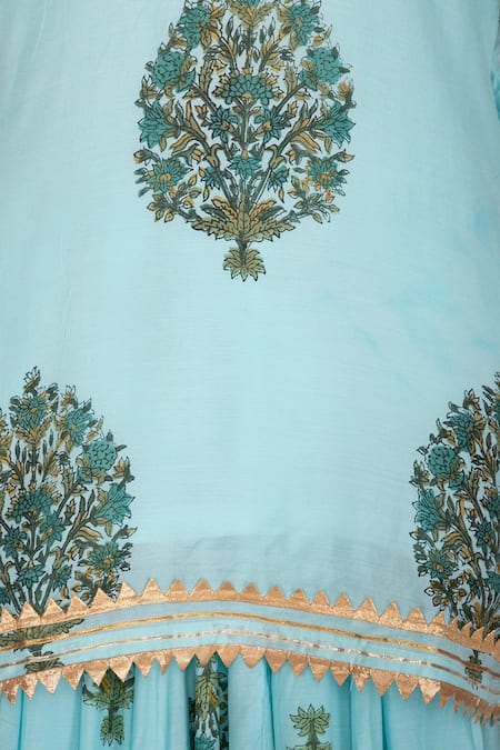 Shop_YUVRAANI JAIPUR_Blue Muslin, Shantoon V Neck Block Print Kurta And Skirt Set _Online_at_Aza_Fashions