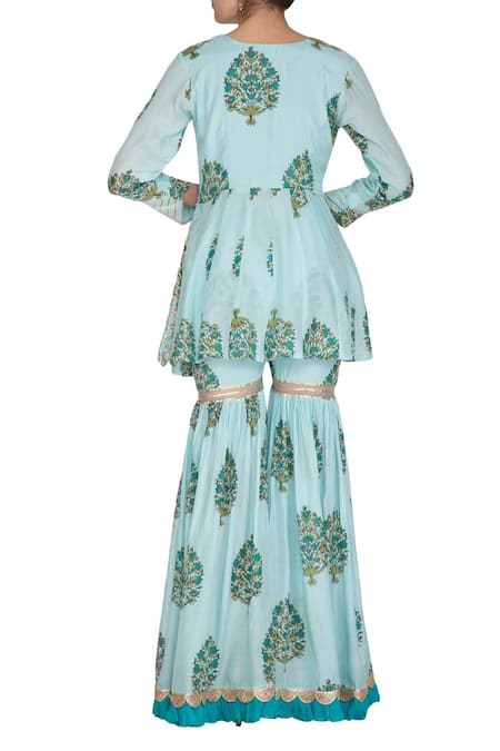 Shop Yuvraani Jaipur Blue Crepe, Muslin, Shantoon V Neck Block Print Kurta Sharara Set at Aza Fashions Shop_Yuvraani Jaipur_Blue Crepe, Muslin, Shantoon V Neck Block Print Kurta Sharara Set _at_Aza_Fashions