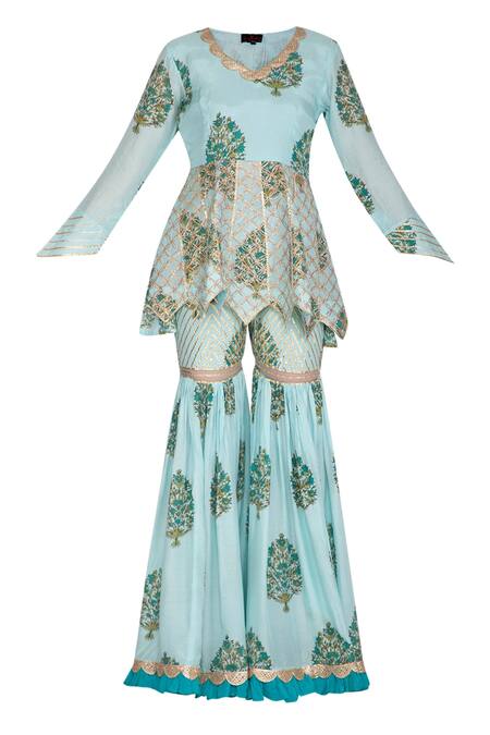 Shop Yuvraani Jaipur Blue Crepe, Muslin, Shantoon V Neck Block Print Kurta Sharara Set Online at Aza Fashions Shop_Yuvraani Jaipur_Blue Crepe, Muslin, Shantoon V Neck Block Print Kurta Sharara Set _Online_at_Aza_Fashions