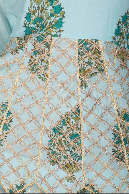 Yuvraani Jaipur Blue Crepe, Muslin, Shantoon V Neck Block Print Kurta Sharara Set at Aza Fashions Yuvraani Jaipur_Blue Crepe, Muslin, Shantoon V Neck Block Print Kurta Sharara Set _at_Aza_Fashions