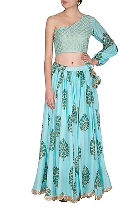 Yuvrani Jaipur Blue Muslin Embroidery Asymmetric One Shoulder Crop Top And Skirt Set 