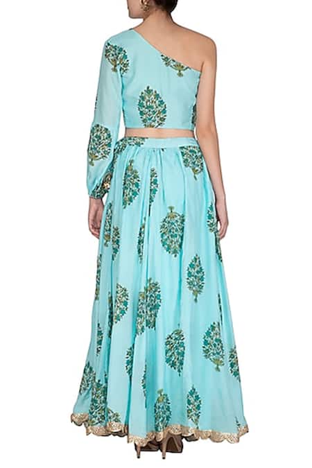 Shop_Yuvraani Jaipur_Blue Muslin, Shantoon Asymmetric One Shoulder Crop Top And Skirt Set _at_Aza_Fashions
