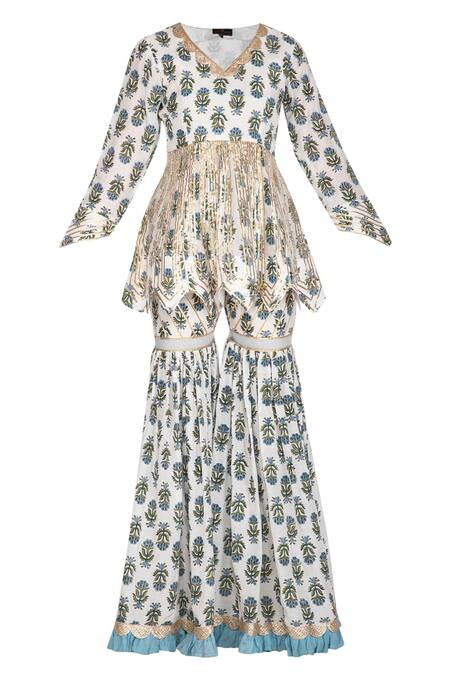 Shop Yuvraani Jaipur White Crepe, Muslin, Shantoon V Neck Block Print Kurta Sharara Set Online at Aza Fashions Shop_Yuvraani Jaipur_White Crepe, Muslin, Shantoon V Neck Block Print Kurta Sharara Set _Online_at_Aza_Fashions