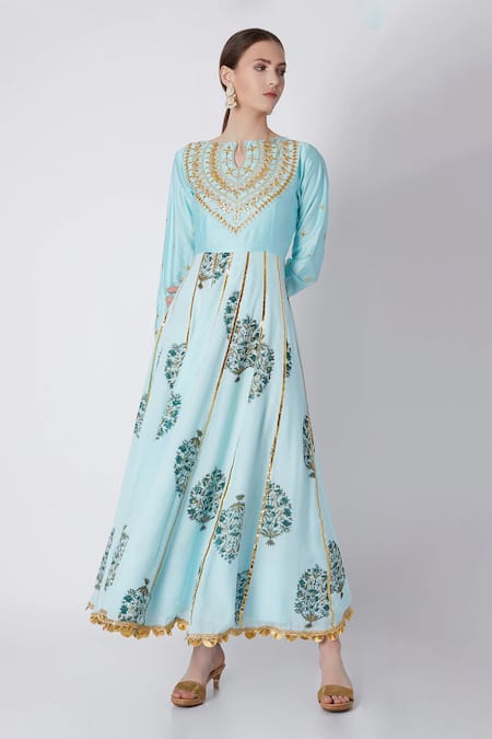 Yuvraani Jaipur Blue Muslin Round Block Print Anarkali