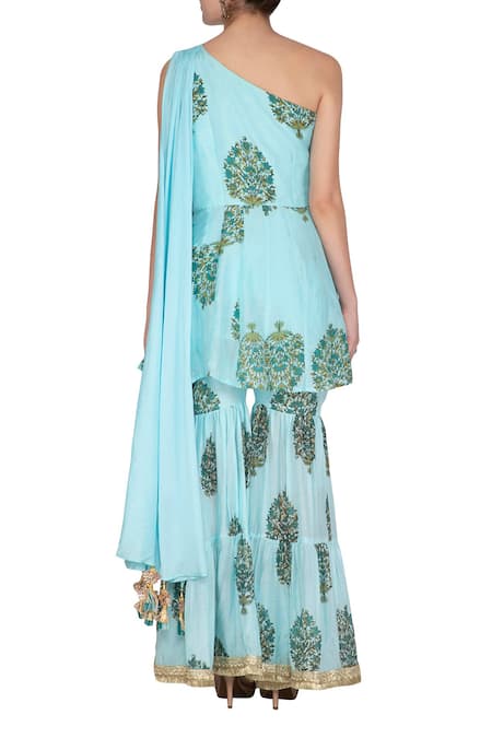 Shop Yuvraani Jaipur Blue Muslin, Shantoon Asymmetric Draped Tunic And Sharara Set at Aza Fashions Shop_Yuvraani Jaipur_Blue Muslin, Shantoon Asymmetric Draped Tunic And Sharara Set _at_Aza_Fashions