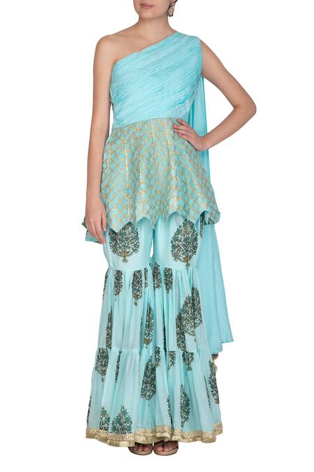 Yuvraani Jaipur Blue Muslin, Shantoon Asymmetric Draped Tunic And Sharara Set Online at Aza Fashions Yuvraani Jaipur_Blue Muslin, Shantoon Asymmetric Draped Tunic And Sharara Set _Online_at_Aza_Fashions