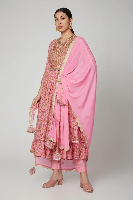 Yuvraani Jaipur Pink Crepe, Muslin, Cotton Silk Round Block Print Anarkali Set