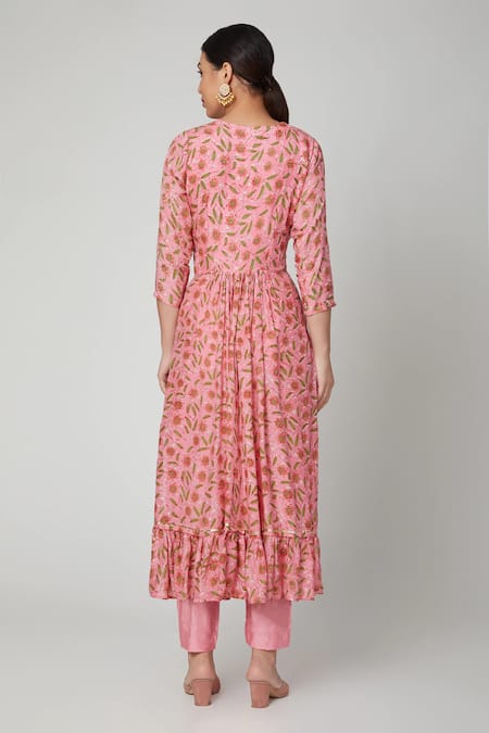 Shop Yuvraani Jaipur Pink Crepe, Muslin, Cotton Silk Round Block Print Anarkali Set at Aza Fashions Shop_Yuvraani Jaipur_Pink Crepe, Muslin, Cotton Silk Round Block Print Anarkali Set _at_Aza_Fashions