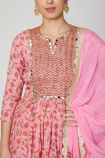 Buy Yuvraani Jaipur Pink Crepe, Muslin, Cotton Silk Round Block Print Anarkali Set Online at Aza Fashions Buy_Yuvraani Jaipur_Pink Crepe, Muslin, Cotton Silk Round Block Print Anarkali Set _Online_at_Aza_Fashions