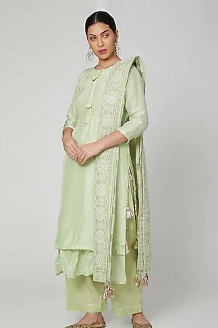Buy Yuvraani Jaipur Green Upada Silk Straight Kurta Set at Aza Fashions Buy_Yuvraani Jaipur_Green Upada Silk Straight Kurta Set_at_Aza_Fashions