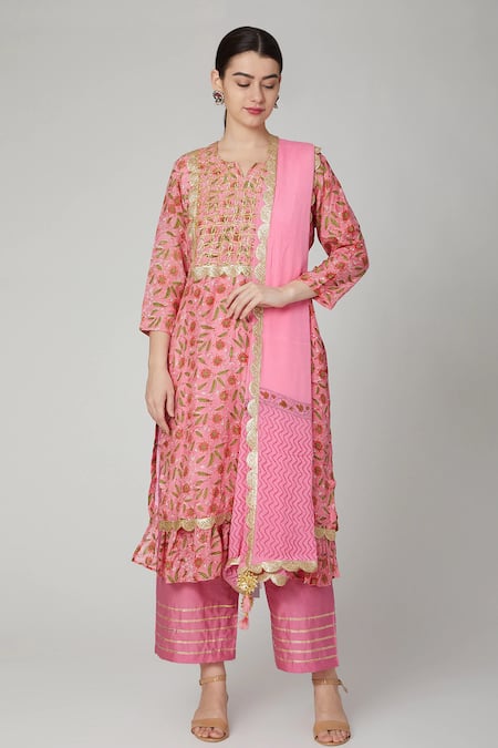 Yuvraani Jaipur Pink Lining Shantoon Round Hand Block Print Kurta Set