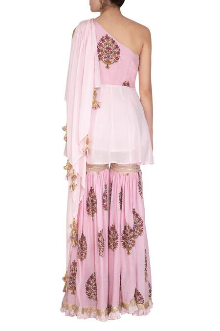 Shop Yuvraani Jaipur Pink Muslin, Shantoon Asymmetric Draped Tunic And Sharara Set at Aza Fashions Shop_Yuvraani Jaipur_Pink Muslin, Shantoon Asymmetric Draped Tunic And Sharara Set_at_Aza_Fashions